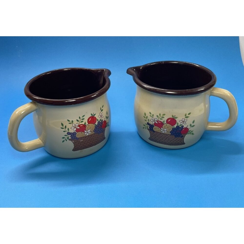 VTG Lot Of  2 FTD Enamelware Pitcher Beige Brown Fruit Basket Print 4"